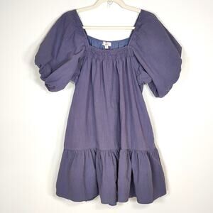 Entro Puff Sleeve Mini‎ Dress Cotton Gauze Blue M Boho Romantic Babydoll Pockets